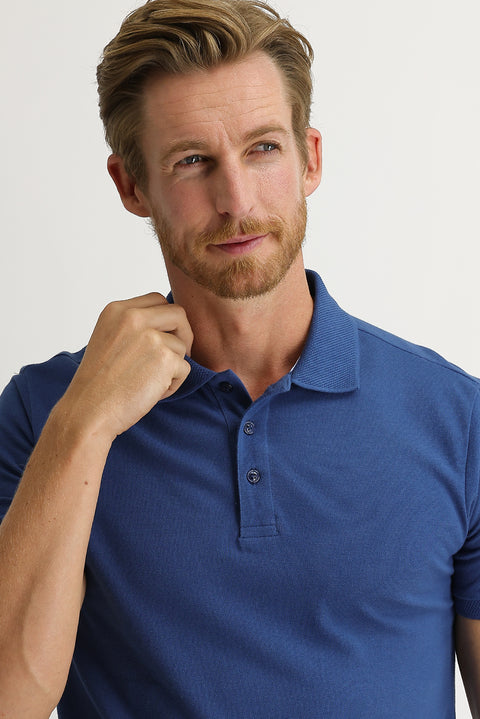 Koyu İndigo Polo Yaka Slim Fit Dar Kesim Nakışlı Pamuk Tişört