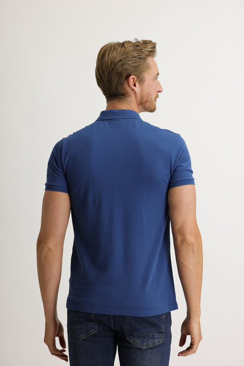 Koyu İndigo Polo Yaka Slim Fit Dar Kesim Nakışlı Pamuk Tişört