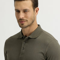 Medium Khaki Polo Collar Slim Fit Narrow Cut Embroidered Cotton T-Shirt