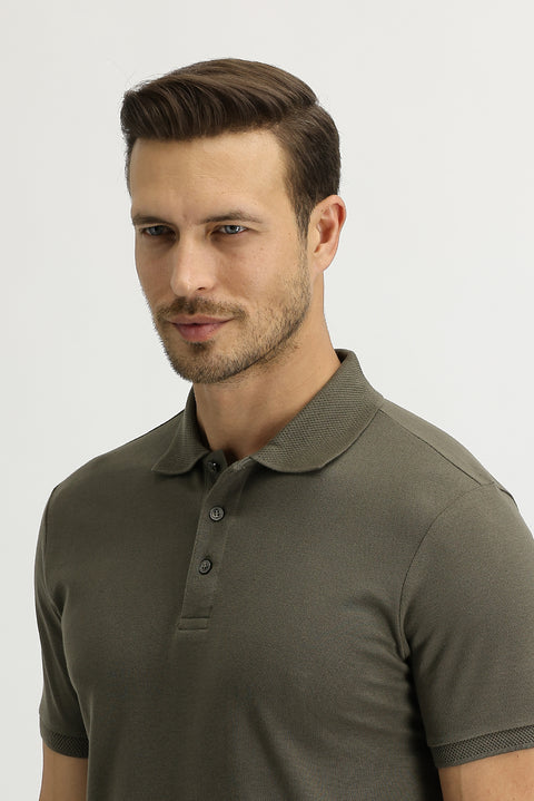 Medium Khaki Polo Collar Slim Fit Narrow Cut Embroidered Cotton T-Shirt