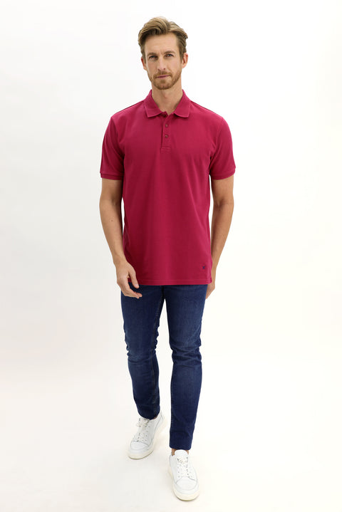 Vişne Polo Yaka Slim Fit Dar Kesim Nakışlı Pamuk Tişört