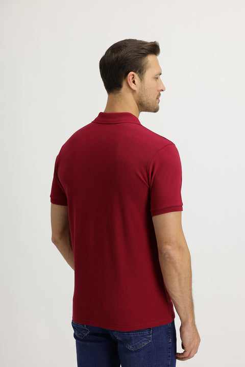 Koyu Kırmızı Polo Yaka Slim Fit Dar Kesim Nakışlı Pamuk Tişört