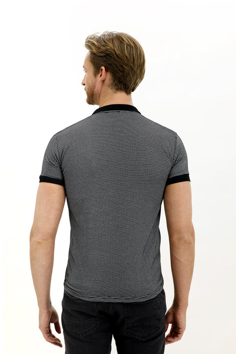 Siyah Polo Yaka Slim Fit Dar Kesim Desenli Tişört