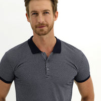 Orta Lacivert Polo Yaka Slim Fit Dar Kesim Desenli Tişört