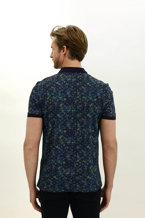 Orta Lacivert Polo Yaka Slim Fit Dar Kesim Desenli Pamuk Tişört