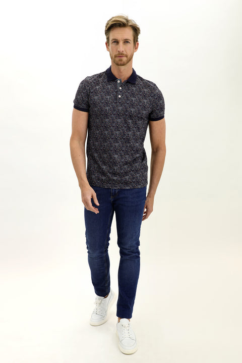 Orta Lacivert Polo Yaka Slim Fit Dar Kesim Desenli Süprem Pamuk Tişört