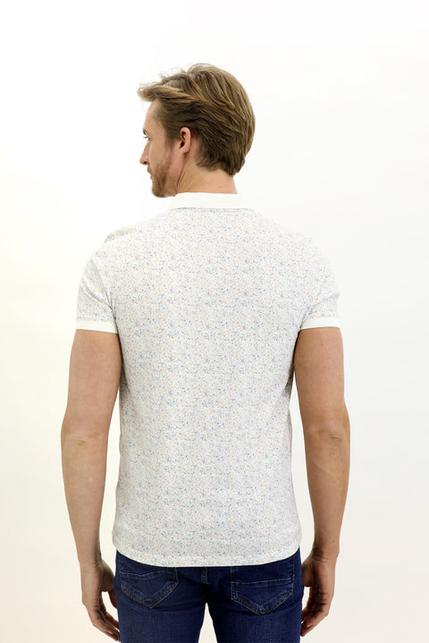Beyaz Polo Yaka Slim Fit Dar Kesim Desenli Pamuk Tişört