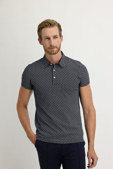 Orta Lacivert Polo Yaka Super Slim Fit Ekstra Dar Kesim Fit Baskılı Pamuk Tişört