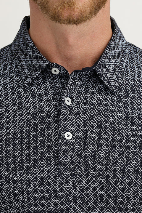 Orta Lacivert Polo Yaka Super Slim Fit Ekstra Dar Kesim Fit Baskılı Pamuk Tişört