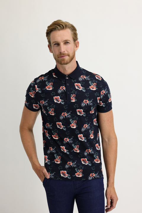 Orta Lacivert Polo Yaka Super Slim Fit Ekstra Dar Kesim Baskılı Pamuk Tişört