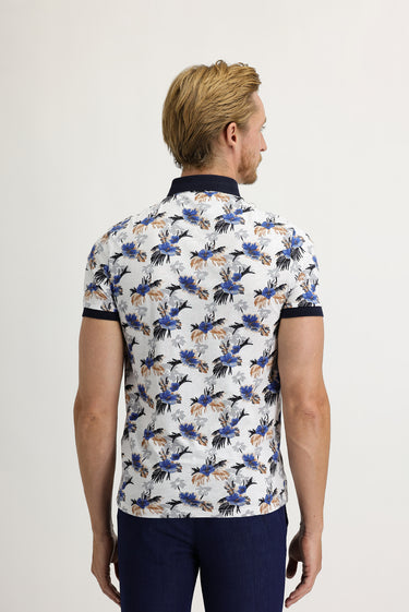 Beyaz Polo Yaka Super Slim Fit Ekstra Dar Kesim Baskılı Pamuk Tişört