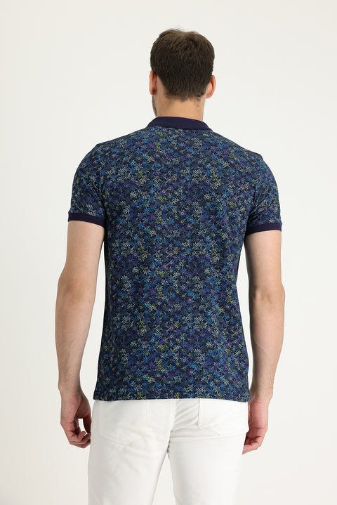 Orta Lacivert Polo Yaka Slim Fit Dar Kesim Desenli Pamuk Tişört