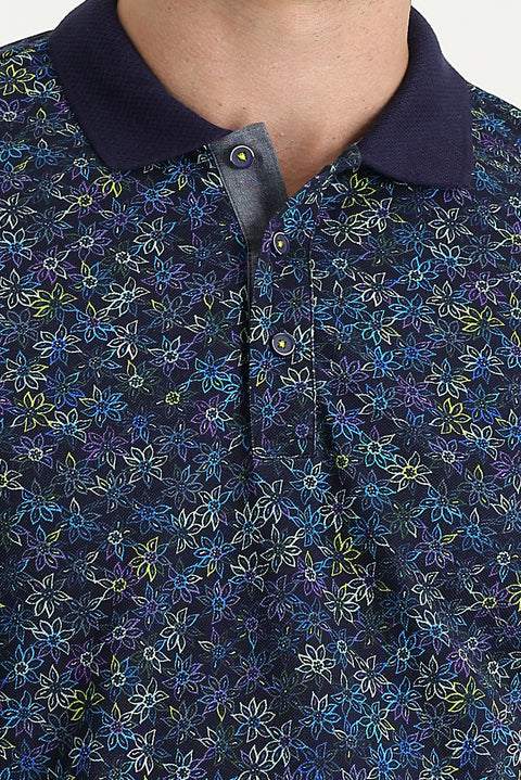 Orta Lacivert Polo Yaka Slim Fit Dar Kesim Desenli Pamuk Tişört