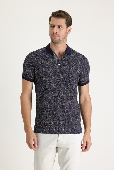 Orta Lacivert Polo Yaka Desenli Slim Fit Dar Kesim Tişört