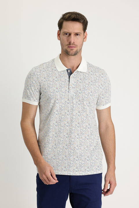 Beyaz Polo Yaka Desenli Slim Fit Dar Kesim Pamuk Tişört
