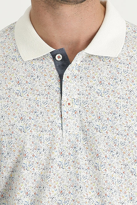 Beyaz Polo Yaka Desenli Slim Fit Dar Kesim Pamuk Tişört