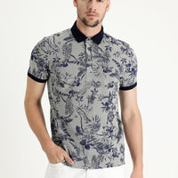 Orta Bej Polo Yaka Slim Fit Dar Kesim Baskılı Tişört