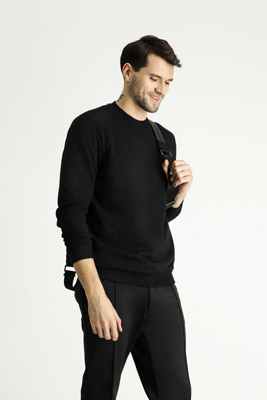 Siyah Bisiklet Yaka Pamuklu Sweatshirt