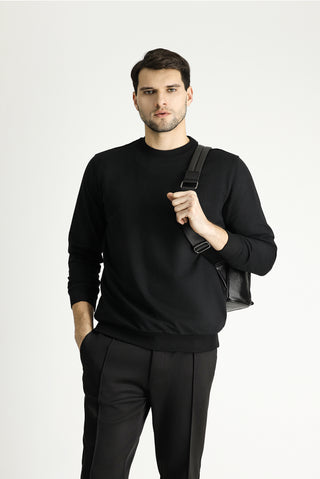 Siyah Bisiklet Yaka Regular Fit Mevsimlik 2 İplik Pamuklu Sweatshirt