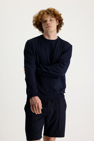 Orta Lacivert Bisiklet Yaka Pamuklu Sweatshirt