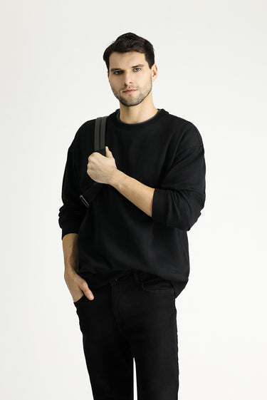 Siyah Bisiklet Yaka Oversize Pamuklu Sweatshirt