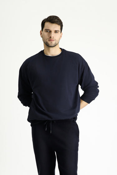 Orta Lacivert Bisiklet Yaka Oversize Pamuklu Sweatshirt