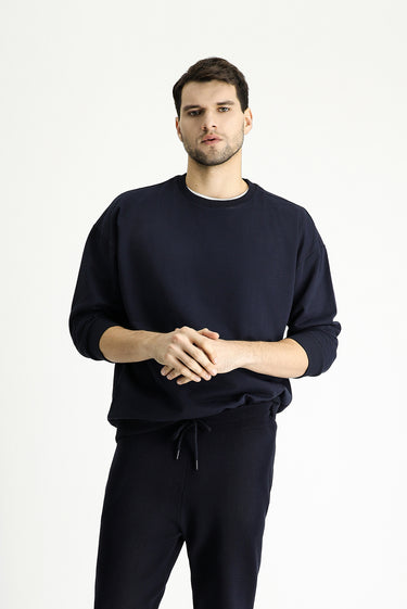 Orta Lacivert Bisiklet Yaka Oversize Pamuklu Sweatshirt