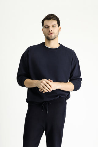 Orta Lacivert Bisiklet Yaka Oversize Pamuklu Sweatshirt
