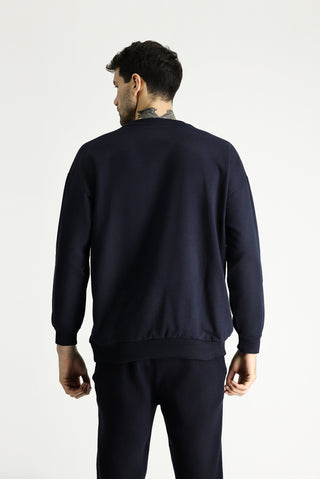 Orta Lacivert Bisiklet Yaka Oversize Pamuklu Sweatshirt