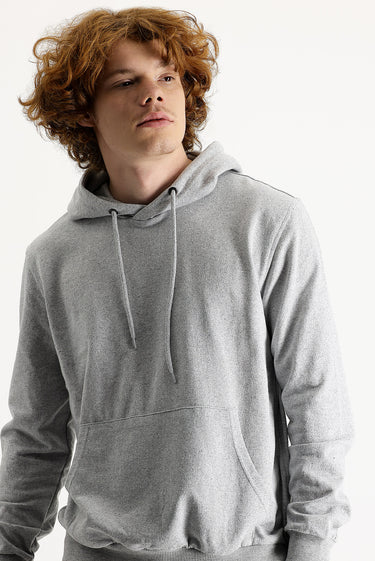 Orta Gri Melanj Kapüşonlu Pamuklu Sweatshirt