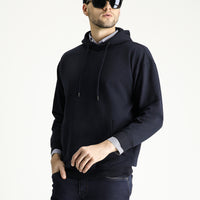 Orta Lacivert Kapüşonlu Oversize Pamuklu Sweatshirt