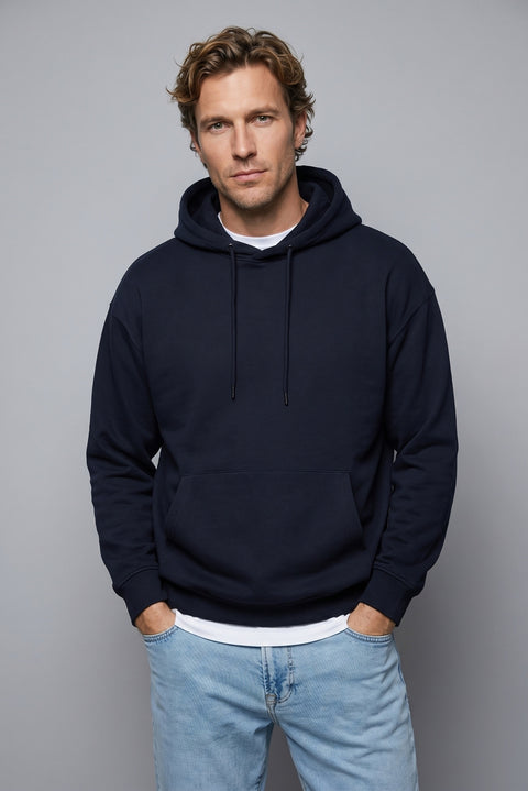 Orta Lacivert Kapüşonlu Oversize Pamuklu Sweatshirt