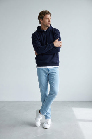 Orta Lacivert Kapüşonlu Oversize Pamuklu Sweatshirt