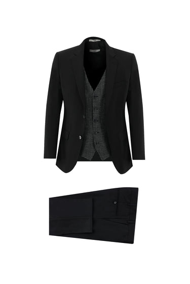 Siyah Slim Fit Dar Kesim Kombinli Yelekli Takım Elbise