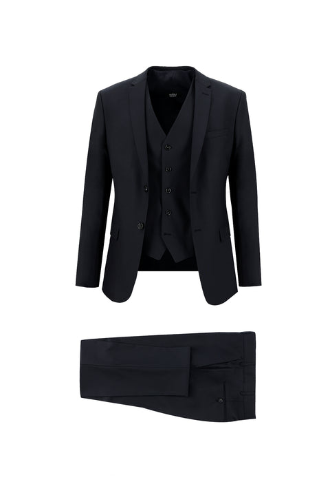 Siyah Lacivert 7 Drop Super Slim Fit Eksra Dar Kesim Yelekli Takım Elbise