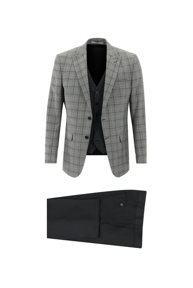 Orta Gri Regular Fit Yünlü Kombinli Yelekli Takım Elbise