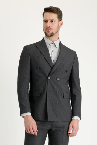 Orta Antrasit 7 Drop Slim Fit Dar Kesim Çizgili Kruvaze Takım Elbise
