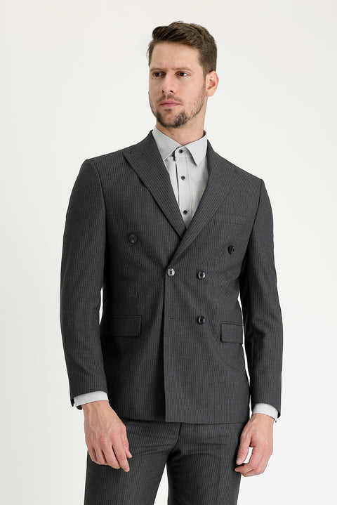 Orta Antrasit 7 Drop Slim Fit Dar Kesim Çizgili Kruvaze Takım Elbise