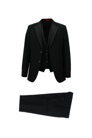 Siyah 7 Drop Slim Fit Dar Kesim Mono Yaka Yelekli Smokin & Damatlık