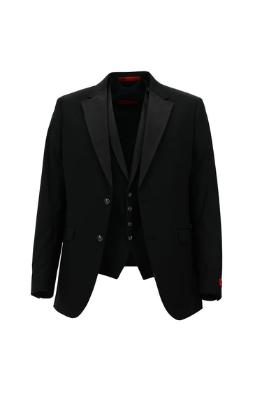 Siyah Slim Fit Dar Kesim Mono Yaka Yelekli Smokin & Damatlık