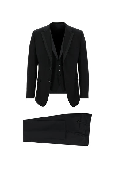 Siyah Slim Fit Dar Kesim Mono Yaka Yelekli Smokin & Damatlık