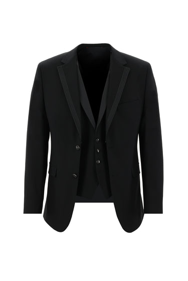 Siyah Slim Fit Dar Kesim Mono Yaka Yelekli Smokin & Damatlık