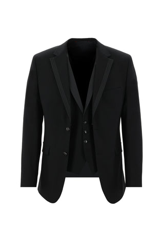 Siyah 7 Drop Slim Fit Dar Kesim Mono Yaka Yelekli Smokin & Damatlık