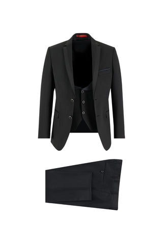 Siyah 7 Drop Slim Fit Dar Kesim Mono Yaka Yelekli Smokin & Damatlık