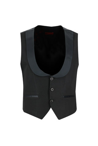 Siyah 7 Drop Slim Fit Dar Kesim Mono Yaka Yelekli Smokin & Damatlık