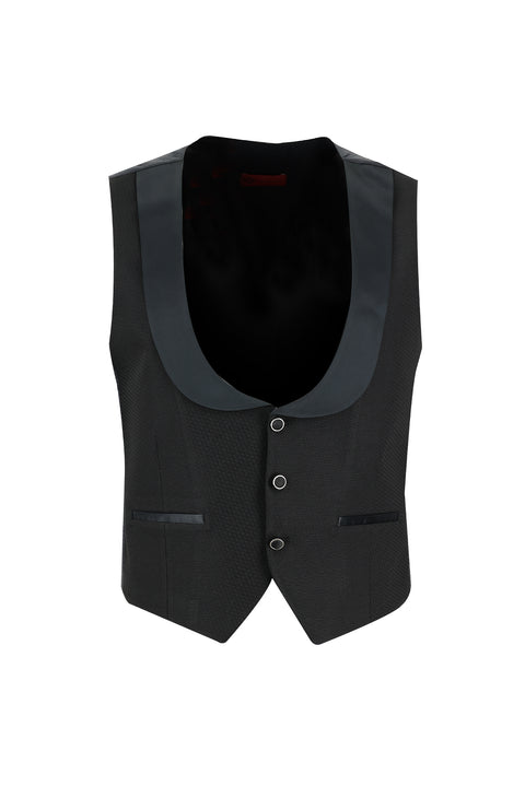 Siyah 7 Drop Slim Fit Dar Kesim Mono Yaka Yelekli Smokin & Damatlık