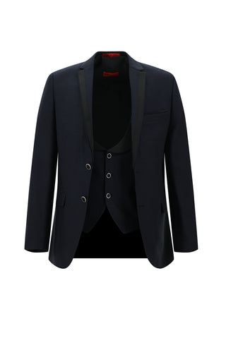 Orta Lacivert 7 Drop Slim Fit Dar Kesim Mono Yaka Yelekli Smokin & Damatlık