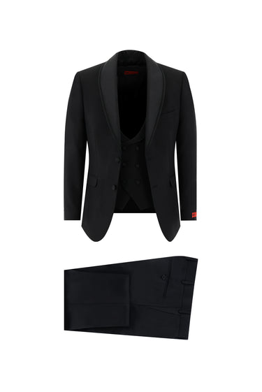 Siyah Slim Fit Dar Kesim Şal Yaka Yelekli Smokin & Damatlık