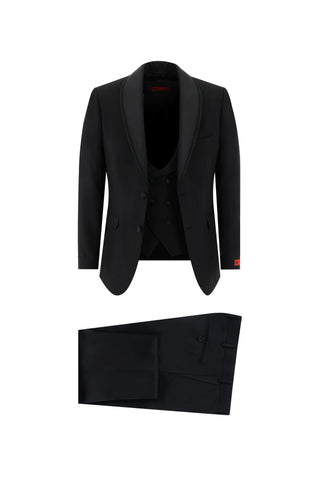 Siyah 7 Drop Slim Fit Dar Kesim Şal Yaka Yelekli Smokin & Damatlık