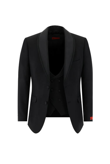 Siyah Slim Fit Dar Kesim Şal Yaka Yelekli Smokin & Damatlık